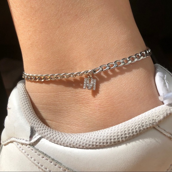 Silver Lip Chain Diamond Custom Initial Anklet - Picture 1 of 1